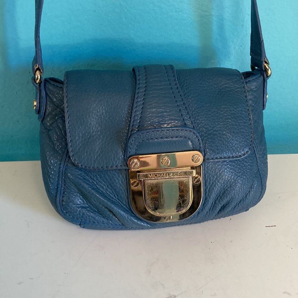 Michael Kors Blue Leather Small Crossbody Bag 6' X 8" Gold Tone Hardware
